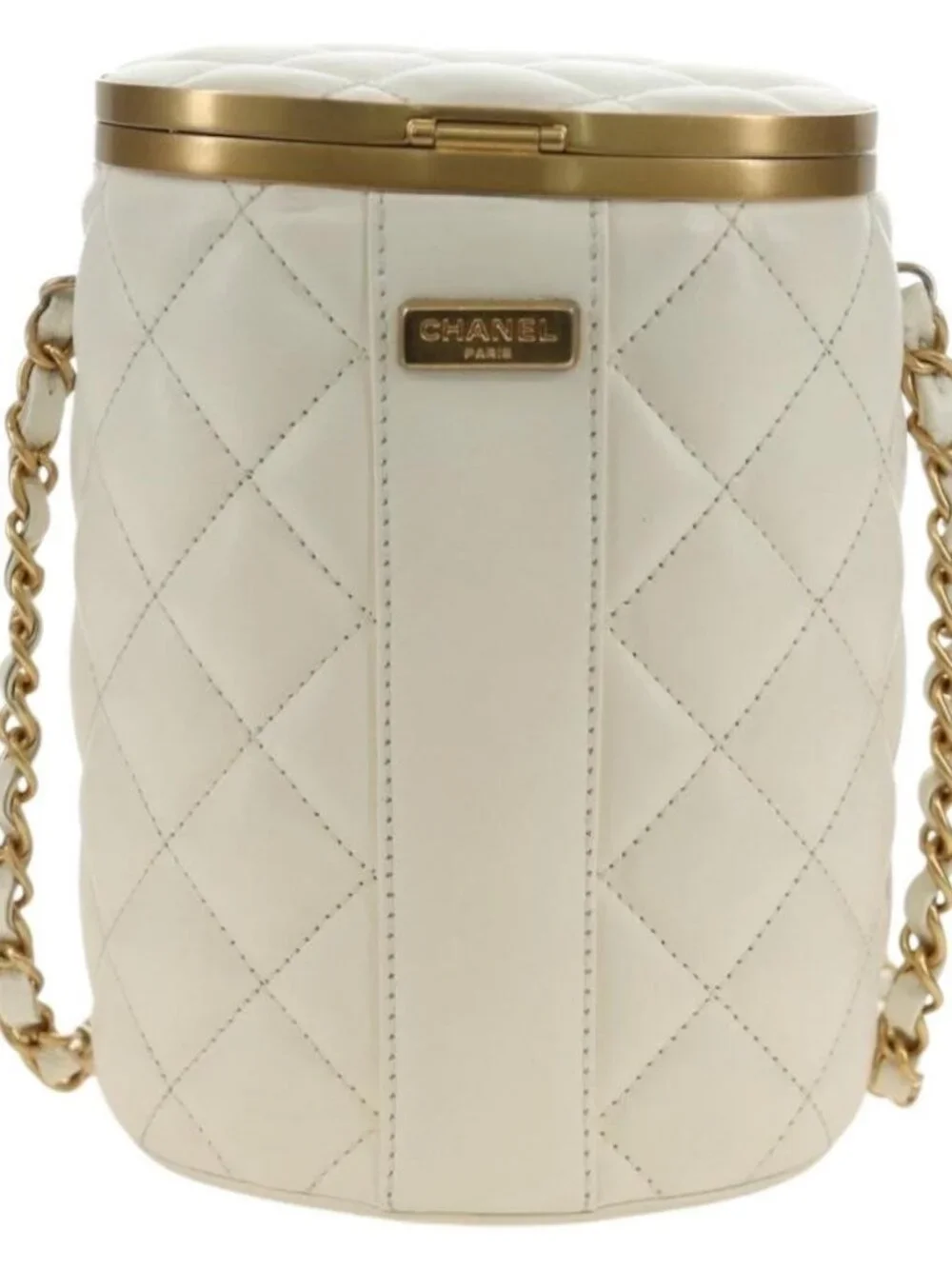 CHANEL Chain Matelasse Shoulder Bag Lamb Skin White Gold CC Auth BA13318M